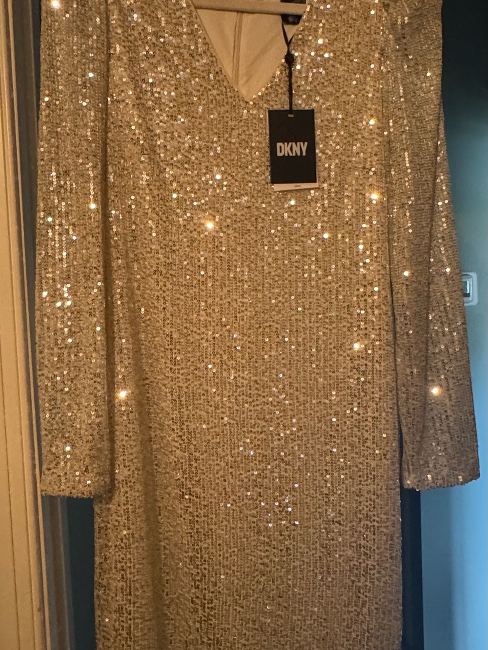 DKNY Gold Sequin Long-Sleeve V-Neck Dress